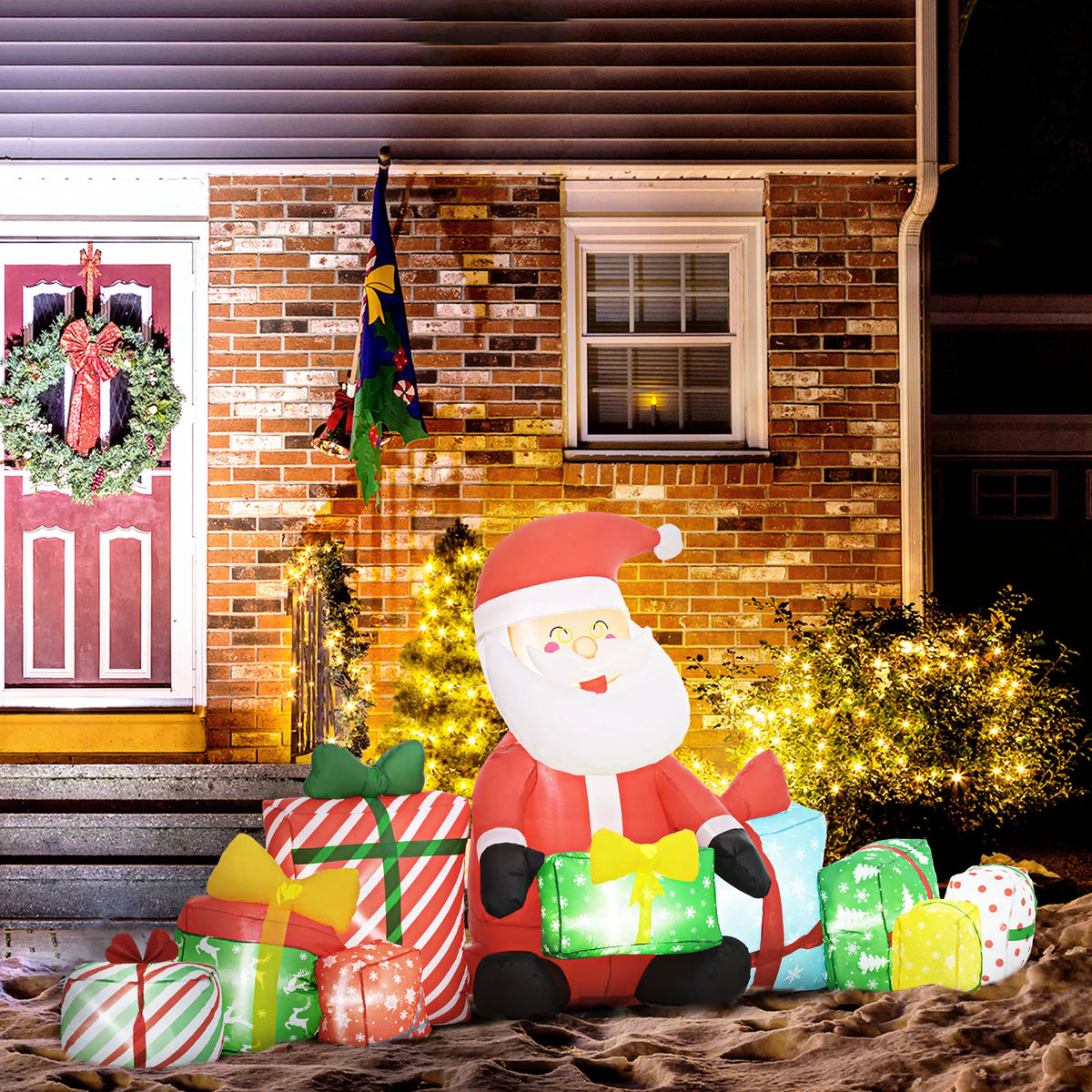 4.4' Christmas Inflatables Santa Claus and Gift Boxes with White LED Lights, Blow-Up Outdoor Christmas Decorations for Lawn Garden Party