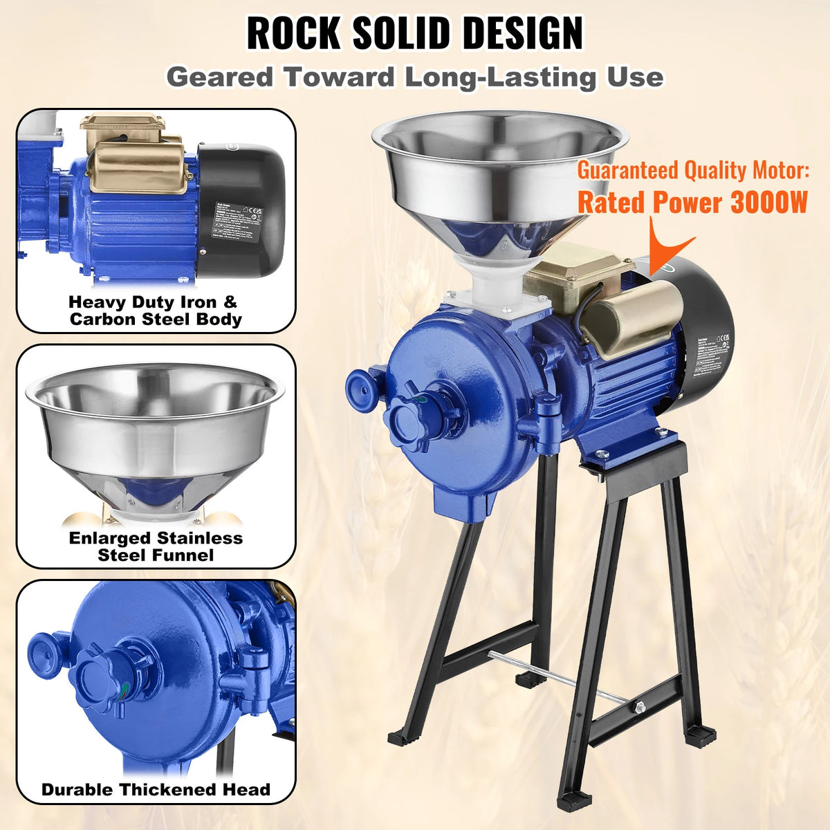 SucceBuy Electric Grain Mill Grinder 3000W Spice Grinders, Commercial Corn Mill with Funnel Cereal Wheat Grinders Dry Grinder