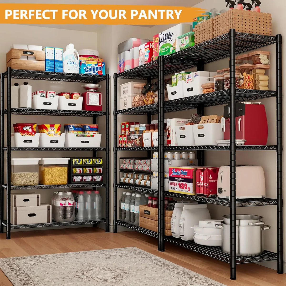 72''H Steel Wire Storage Shelves, 5-Tier Heavy Duty Metal Shelving, Adjustable Garage Rack, Customized
