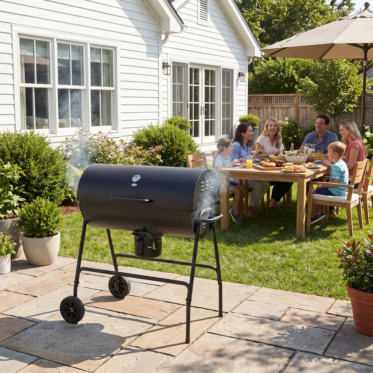 Barrel Charcoal BBQ Grill Trolley Wheeled Barbecue Smoker, Black