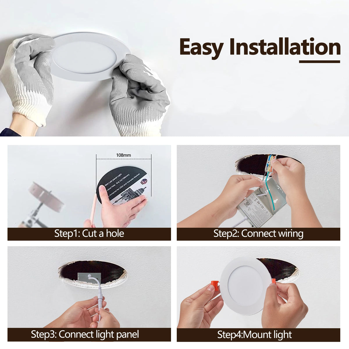 12-Piece Set of Shell-Less Led Ceiling Lights, Dimmable Recessed Downlights with Junction Box, 3000K-5000K Adjustable Color Temperature White Light