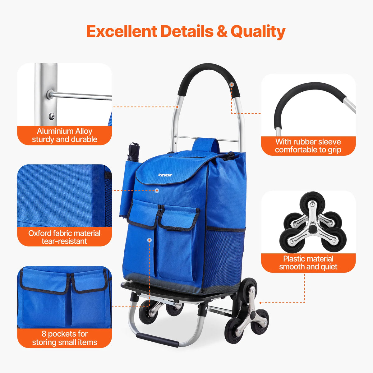 SucceBuy 36L Folding ShoppingCart Stair Climbing Handcart with 6Wheels & Oxford Cloth Bag Hand Truck for Grocery Laundry Storage