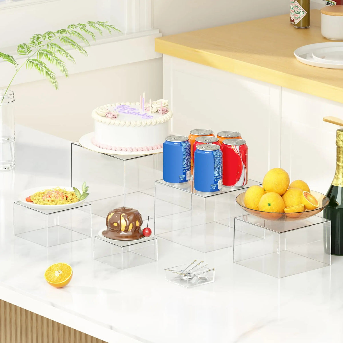 6 Pcs Clear Acrylic Boxes for Display as Buffet Risers and Stands, Food Risers for Party, Table, Stands, including 8", 7", 6", 5", 4", 3" (Small, 6Pcs, Clear)