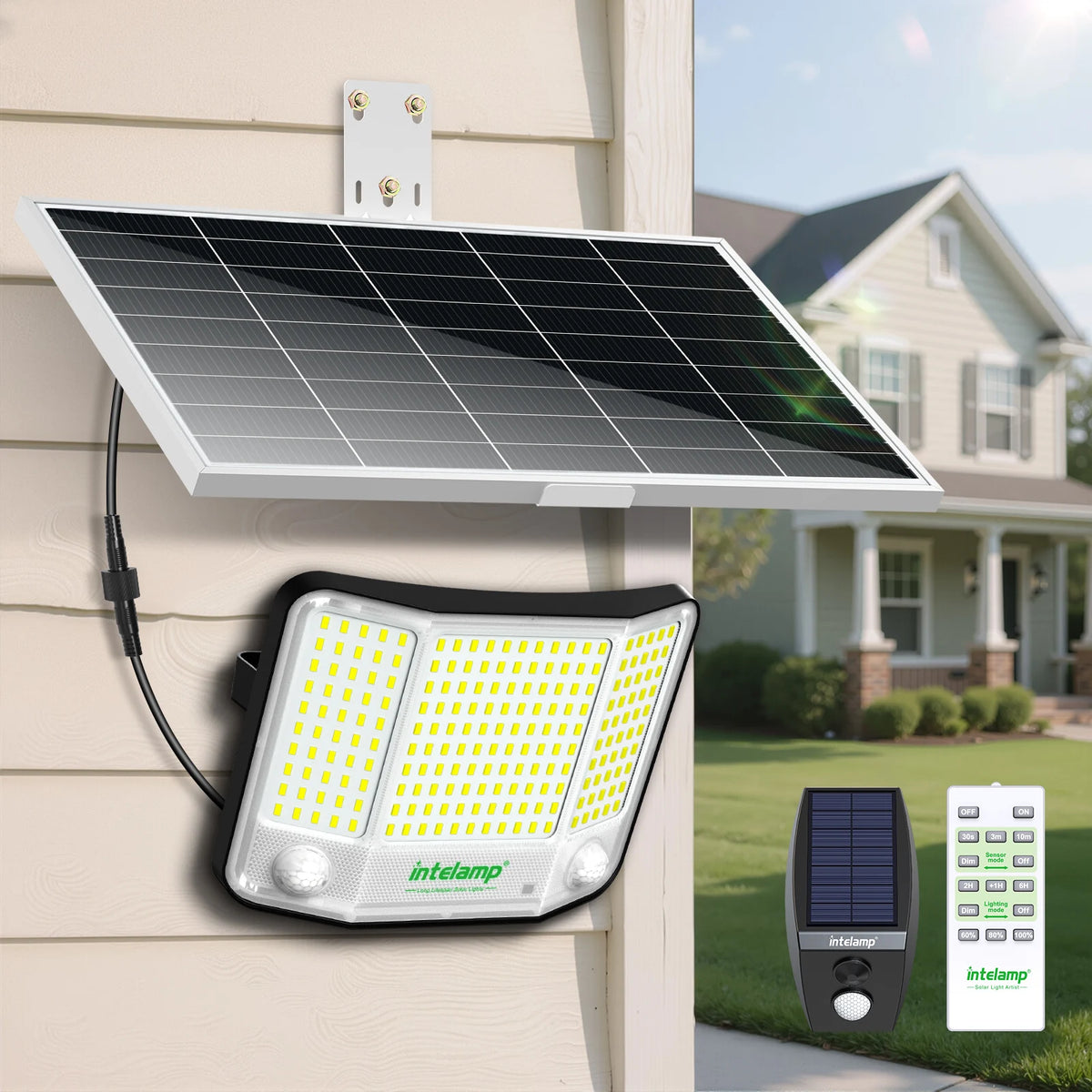 Intelamp Long Battery Life 20000mAh Solar Flood Lights Outdoor Super Larger Solar Panel 3 Motion Sensors For Garden Yard Garage