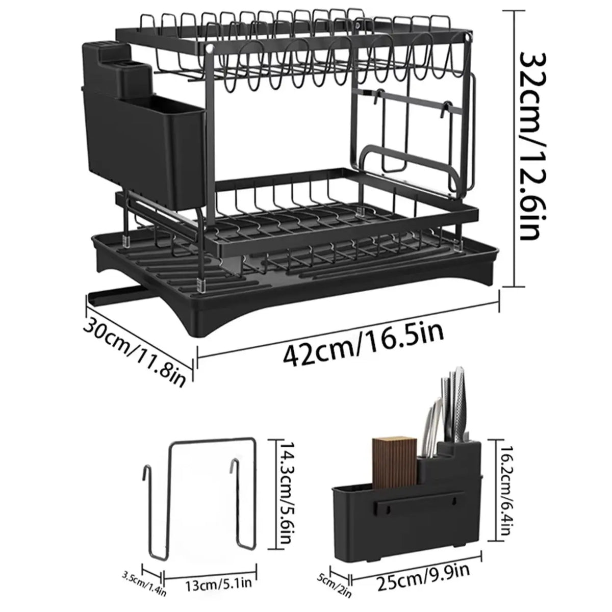 2-Tier Large Kitchen Countertop Drying Rack, Black | Removable Large Capacity Dish Drainer with Automatic Drainage, Rust-Resistant Rack, with Cup Holder and Utensil Holder