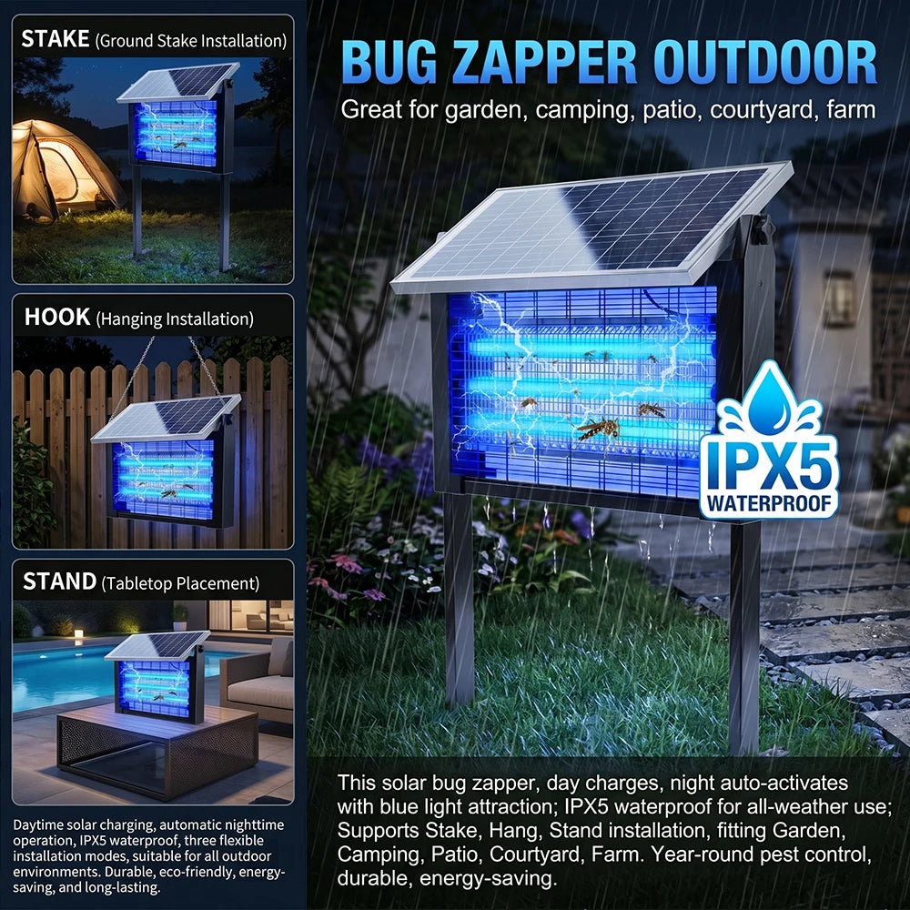 Solar Bug Zapper Outdoor IPX5 Waterproof UV Blue Light Mosquito Killer Lamp Auto Light Sensor Solar Powered Insect Fly Trap for Garden Farm Patio Yard Camping