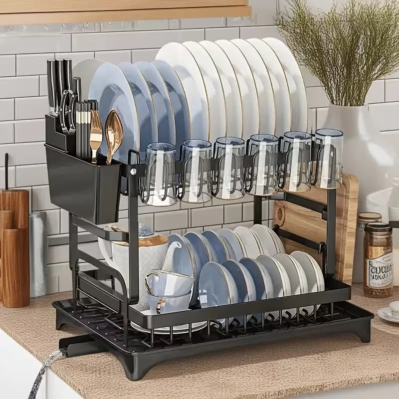 2-Tier Large Kitchen Countertop Drying Rack, Black | Removable Large Capacity Dish Drainer with Automatic Drainage, Rust-Resistant Rack, with Cup Holder and Utensil Holder