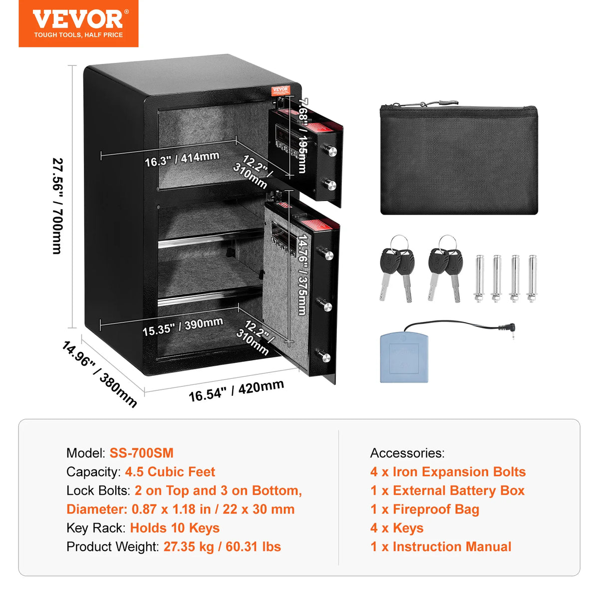 SucceBuy Single Door 4.0 cu.ft Safe Box w/ Key Lock Password & Fingerprint Safe Lock Box with Fireproof Bag Key Rack & LED Light