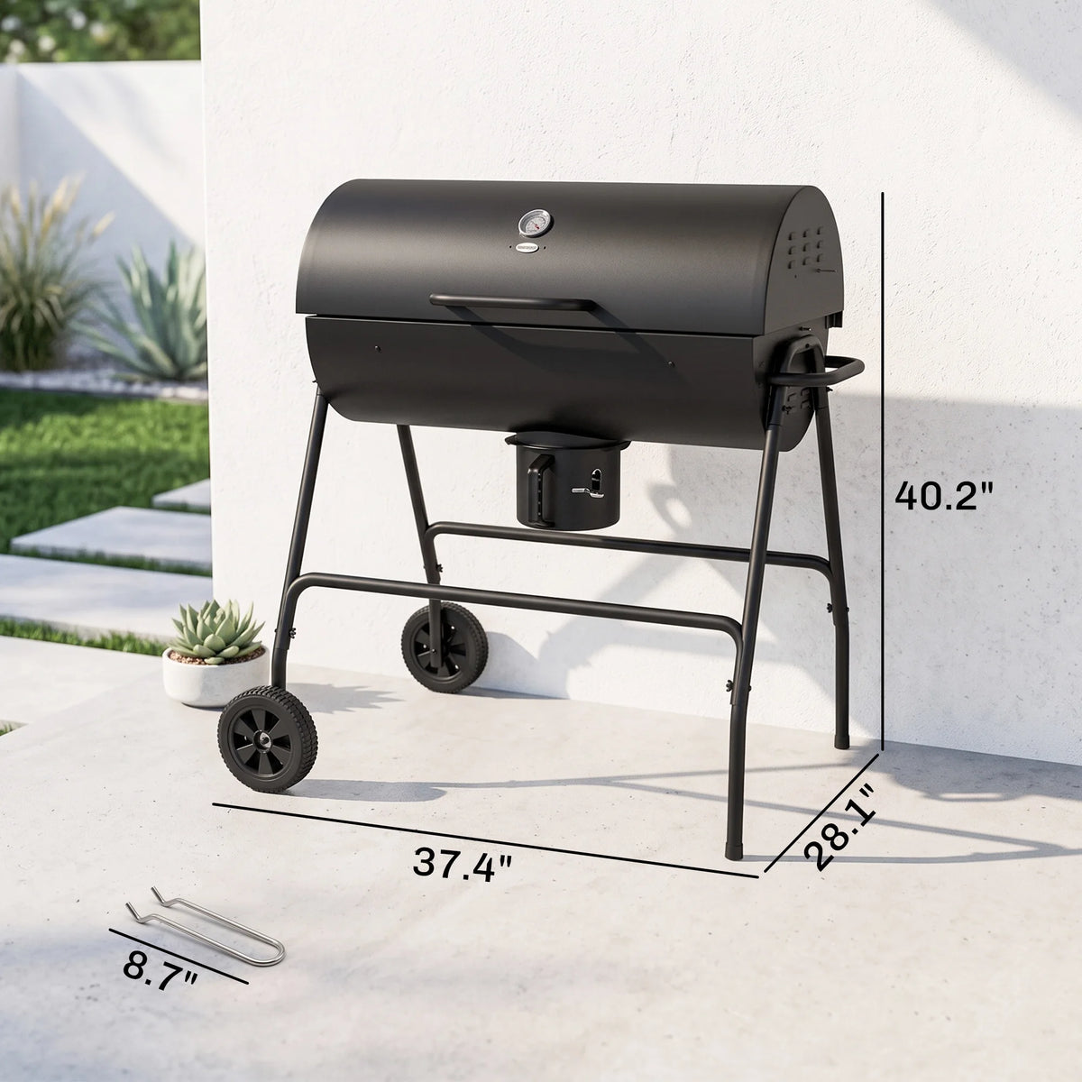 Barrel Charcoal BBQ Grill Trolley Wheeled Barbecue Smoker, Black