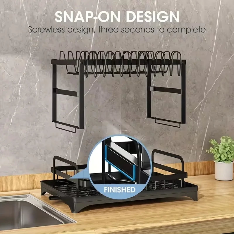 2-Tier Large Kitchen Countertop Drying Rack, Black | Removable Large Capacity Dish Drainer with Automatic Drainage, Rust-Resistant Rack, with Cup Holder and Utensil Holder