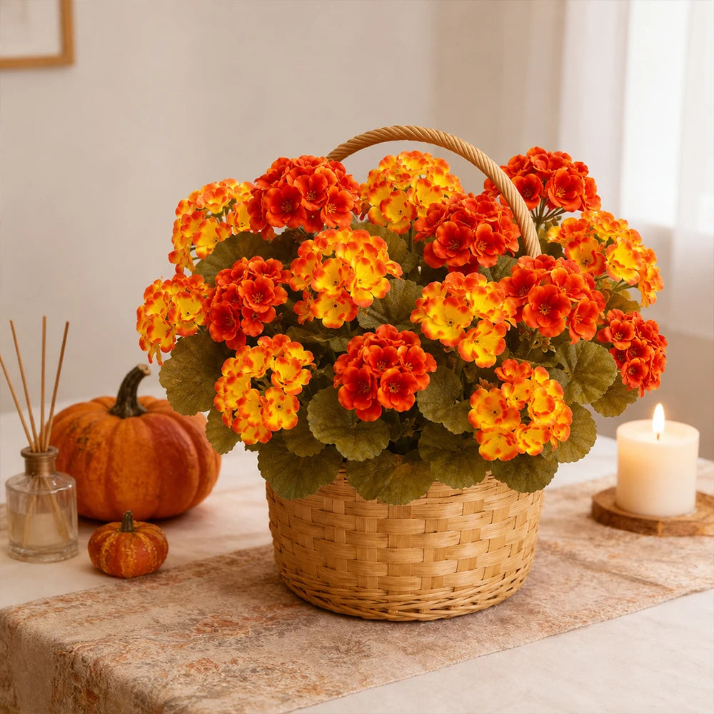 6pcs Artificial Fall Geranium Flowers Yellow Orange Faux Silk Begonia Fake Flower for Autumn Outdoor Home Garden Patio Porch Decor, Thanksging Decorations