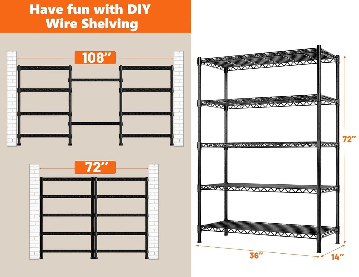 72''H Steel Wire Storage Shelves, 5-Tier Heavy Duty Metal Shelving, Adjustable Garage Rack, Customized