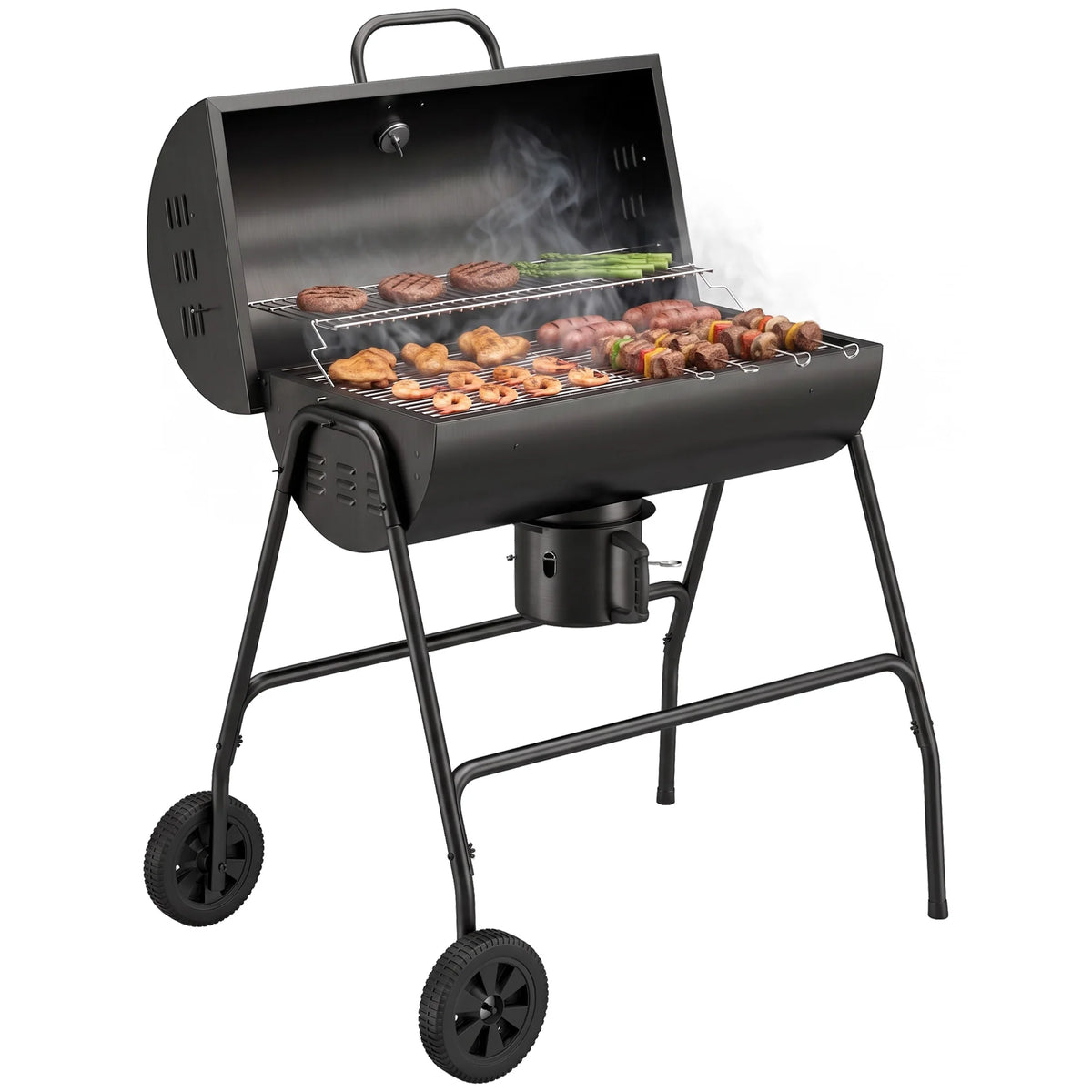 Barrel Charcoal BBQ Grill Trolley Wheeled Barbecue Smoker, Black
