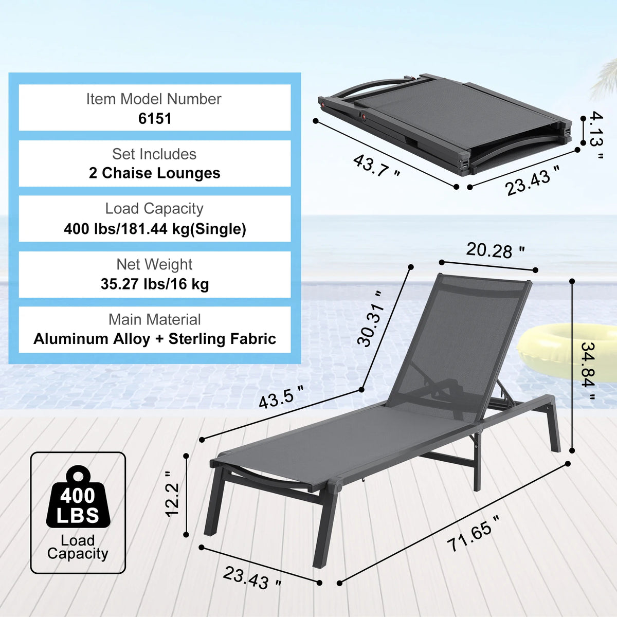 SucceBuy Chaise Lounge Chair Outdoor Aluminum Patio LoungeFolding Pool Lounge Recliner Full Flat for Patio Beach Pool Dark Grey