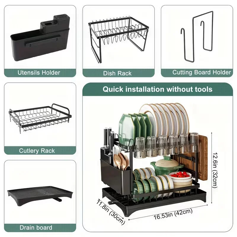2-Tier Large Kitchen Countertop Drying Rack, Black | Removable Large Capacity Dish Drainer with Automatic Drainage, Rust-Resistant Rack, with Cup Holder and Utensil Holder