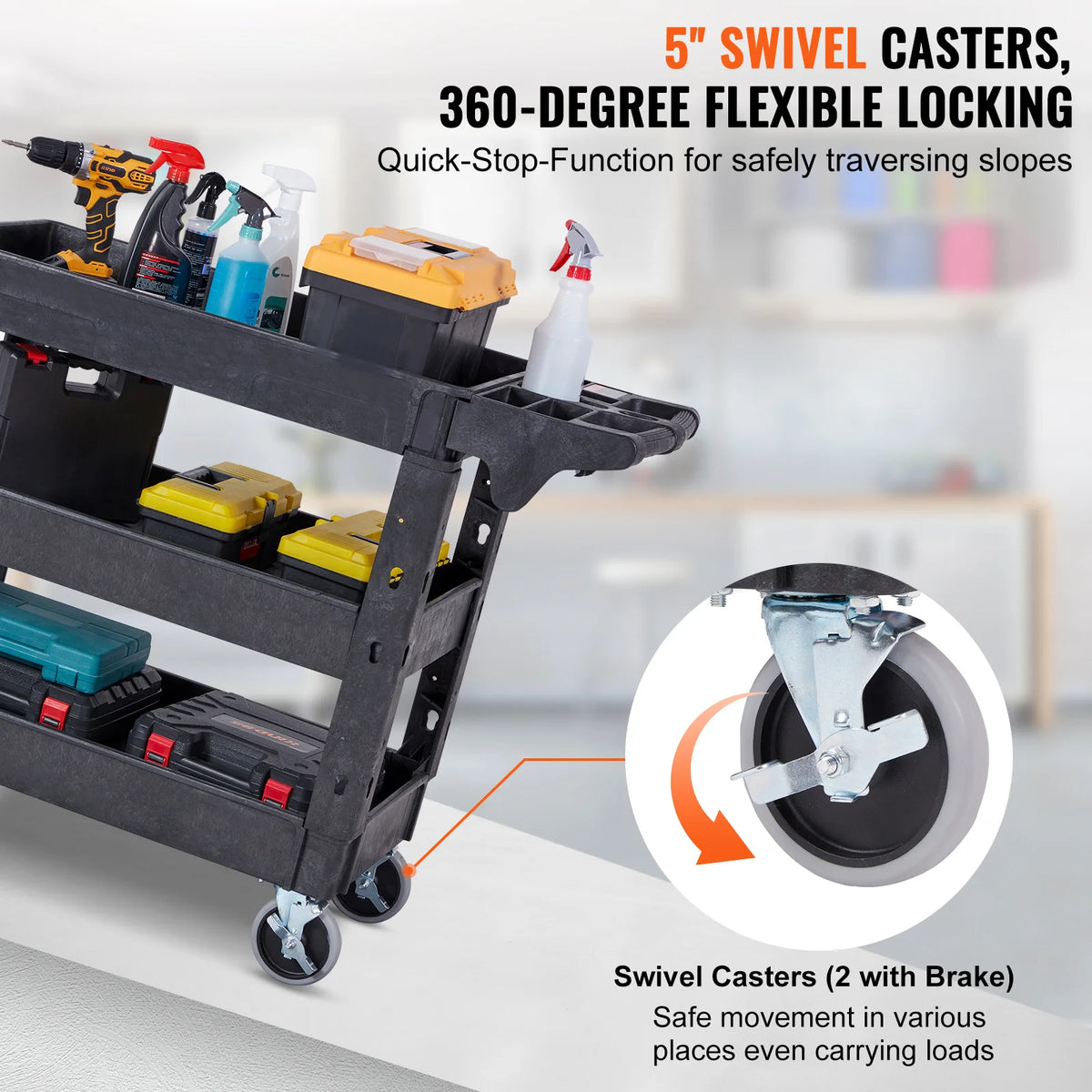SucceBuy 2/3 Shelf Utility Service Cart Heavy Duty with 360°Swivel Wheels Ergonomic Storage Handle for Warehouse/Garage/Cleaning