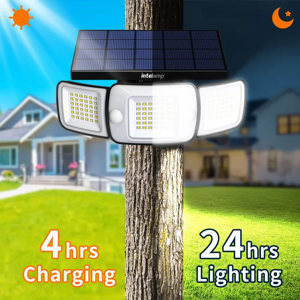 Intelamp Long Battery Life 6000mAh Outdoor Solar Lights Flood Light With Larger Solar Panel Two Motion Sensors For Yard Garden