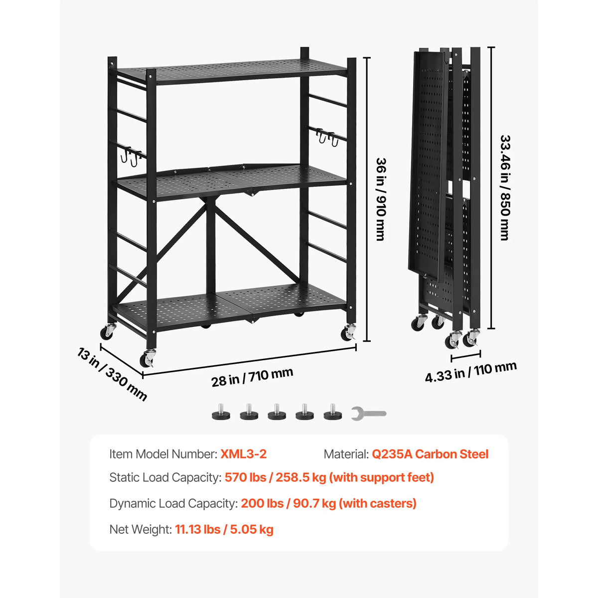 SucceBuy 6/5/4/3 Tier Black Foldable Storage Shelf with Wheels Folding Metal Rack Shelving Unit Organizer for Garage Kitchen