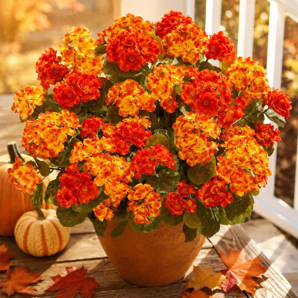 6pcs Artificial Fall Geranium Flowers Yellow Orange Faux Silk Begonia Fake Flower for Autumn Outdoor Home Garden Patio Porch Decor, Thanksging Decorations