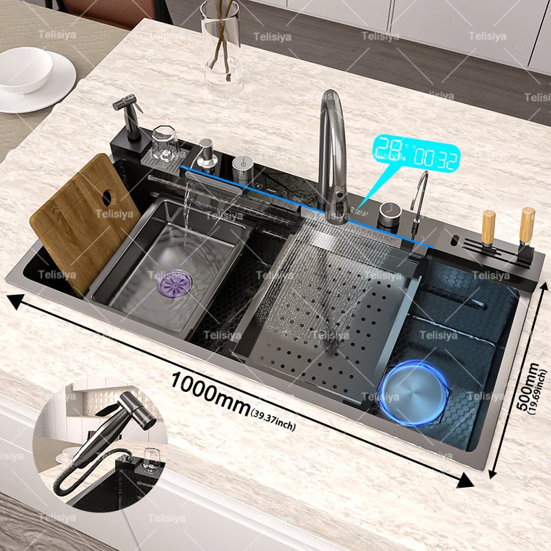 Various Waterfall Kitchen Sink Stainless Steel Multifunctional Large Single Slot Digital Display Sinks
