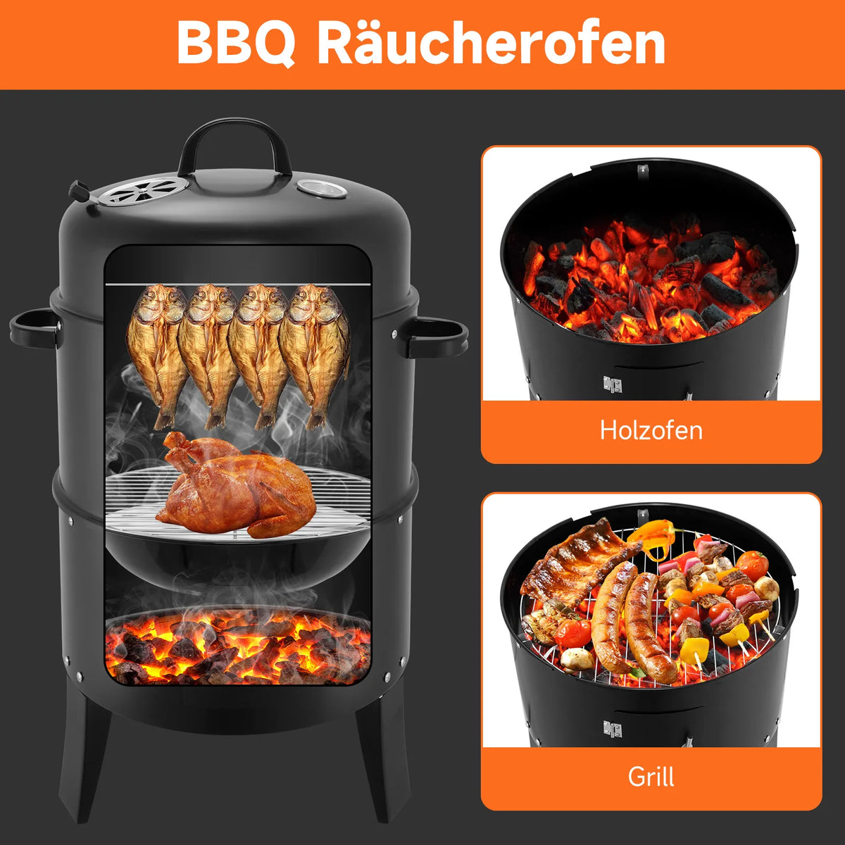3 in 1 Smoked Grill Has Grilling Vertical Portable Smoker Grill Detachable 2 Layers for Camping Outdoor BBQ Cooking Black