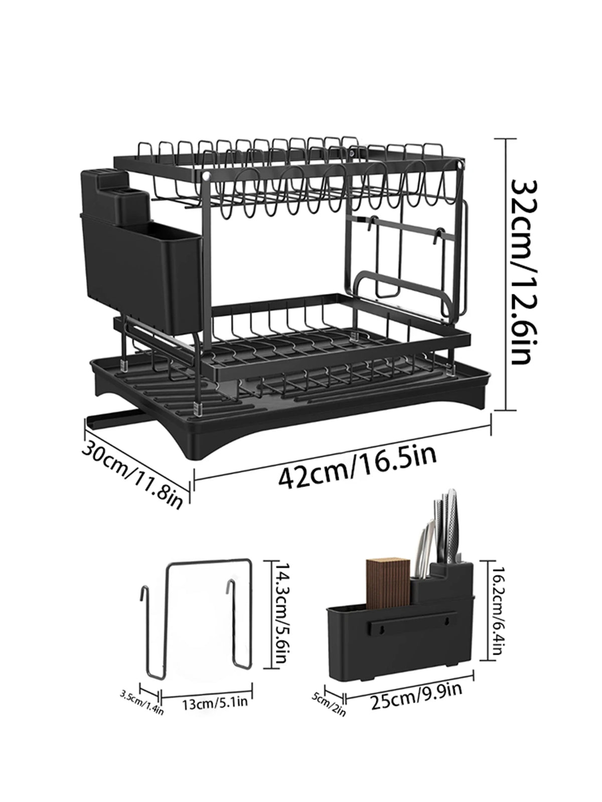 2-Tier Large Kitchen Countertop Drying Rack, Black | Removable Large Capacity Dish Drainer with Automatic Drainage, Rust-Resistant Rack, with Cup Holder and Utensil Holder