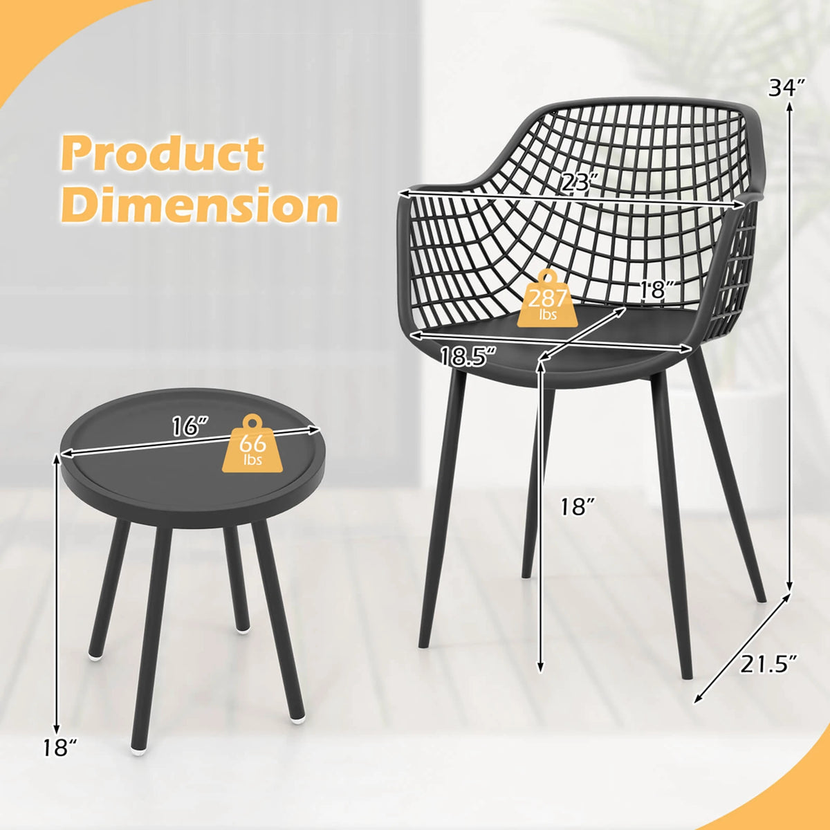 3 Piece Patio Bistro Set All Weather Heavy Duty Table and Chairs Set of 2 Black