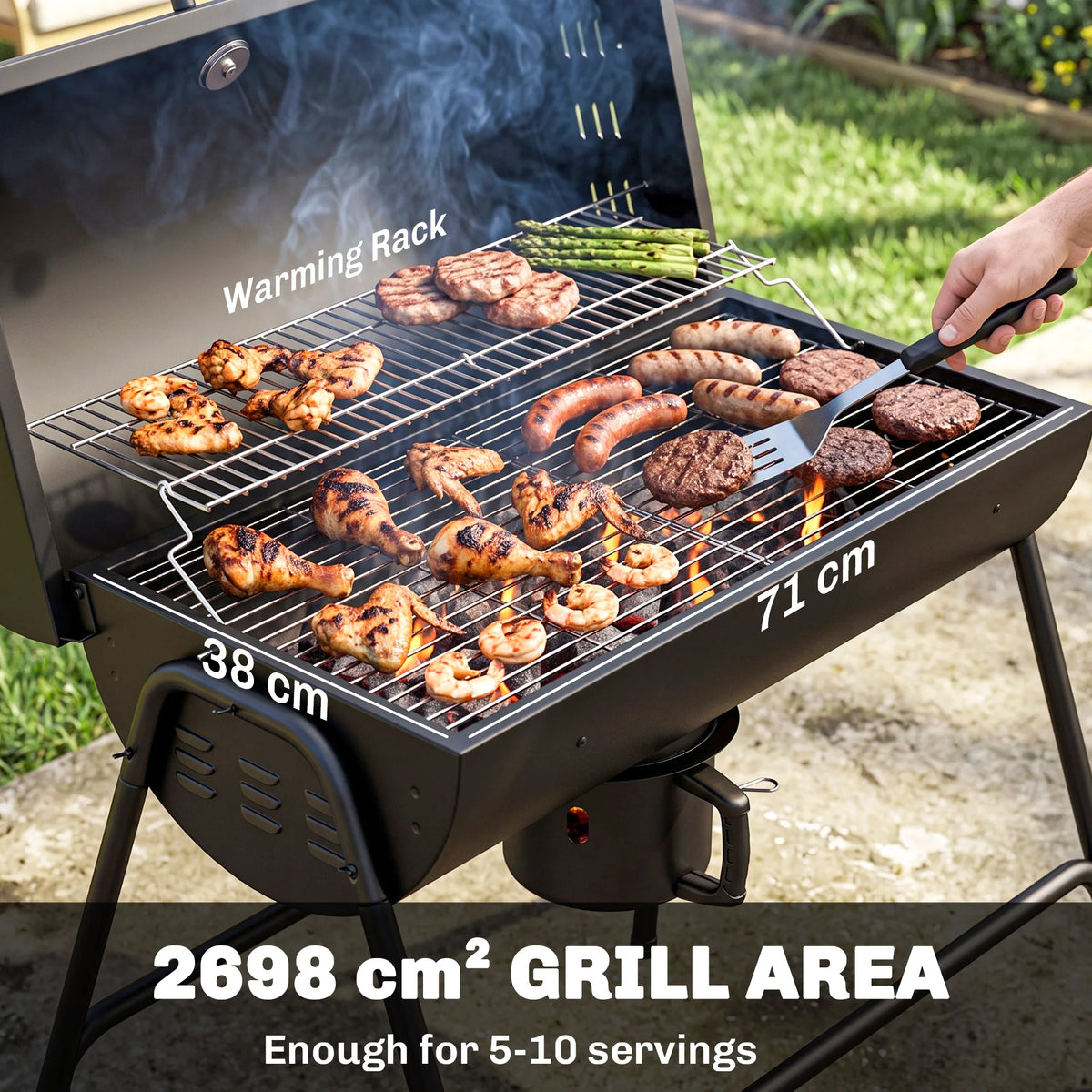 Barrel Charcoal BBQ Grill Trolley Wheeled Barbecue Smoker, Black