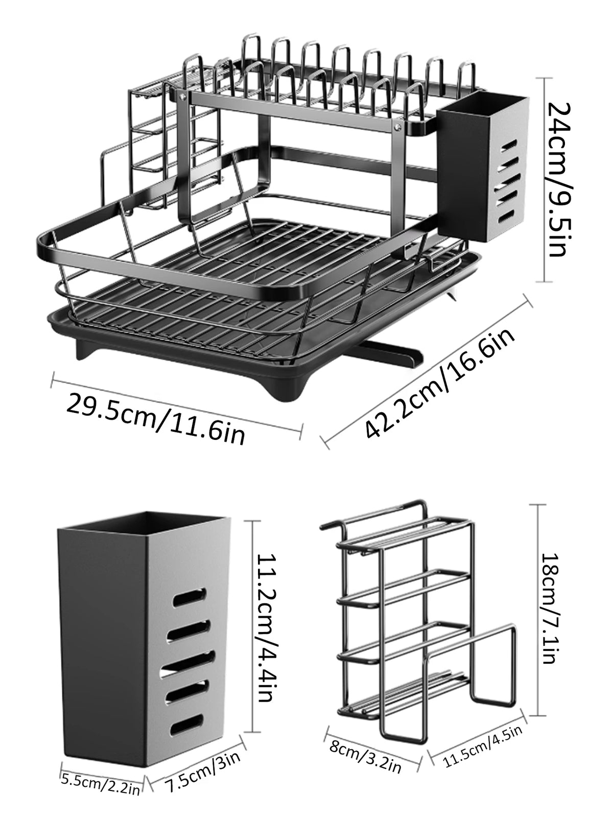 2-Tier Large Kitchen Countertop Drying Rack, Black | Removable Large Capacity Dish Drainer with Automatic Drainage, Rust-Resistant Rack, with Cup Holder and Utensil Holder