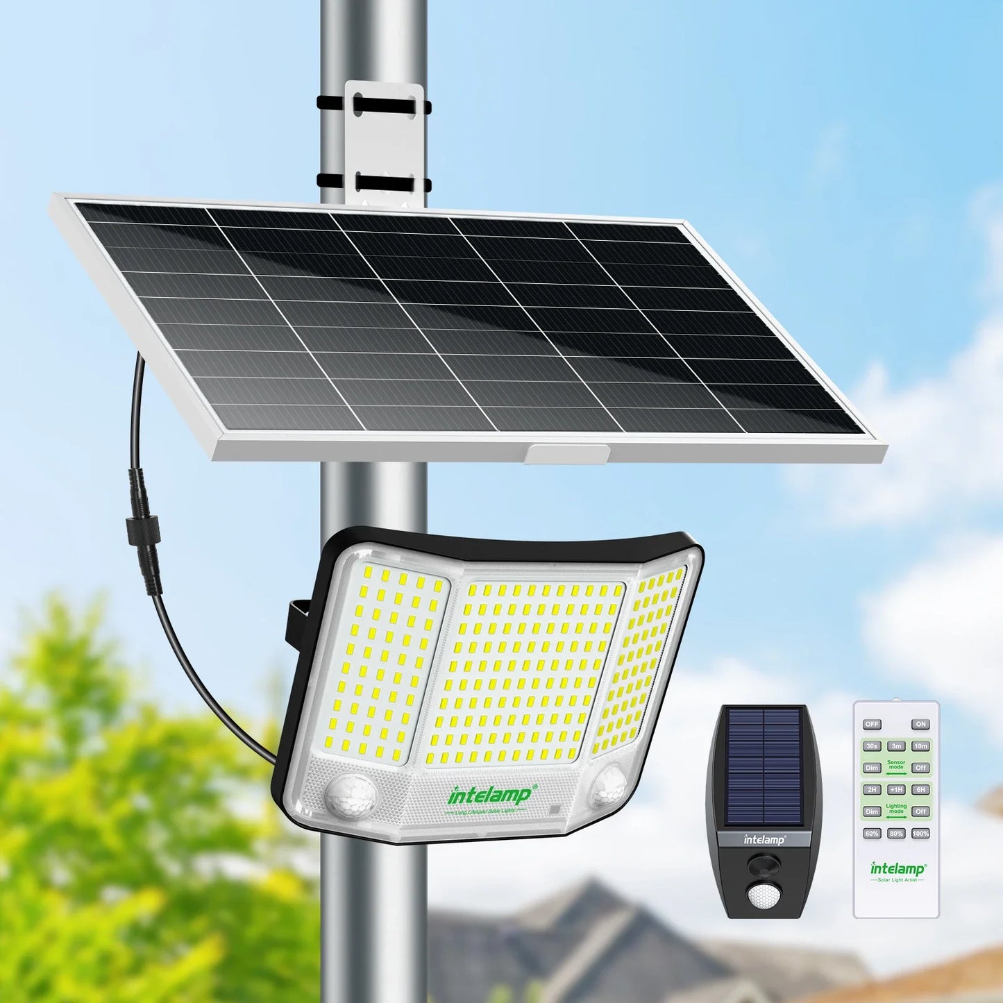 Intelamp Long Battery Life 20000mAh Solar Flood Lights Outdoor Super Larger Solar Panel 3 Motion Sensors For Garden Yard Garage