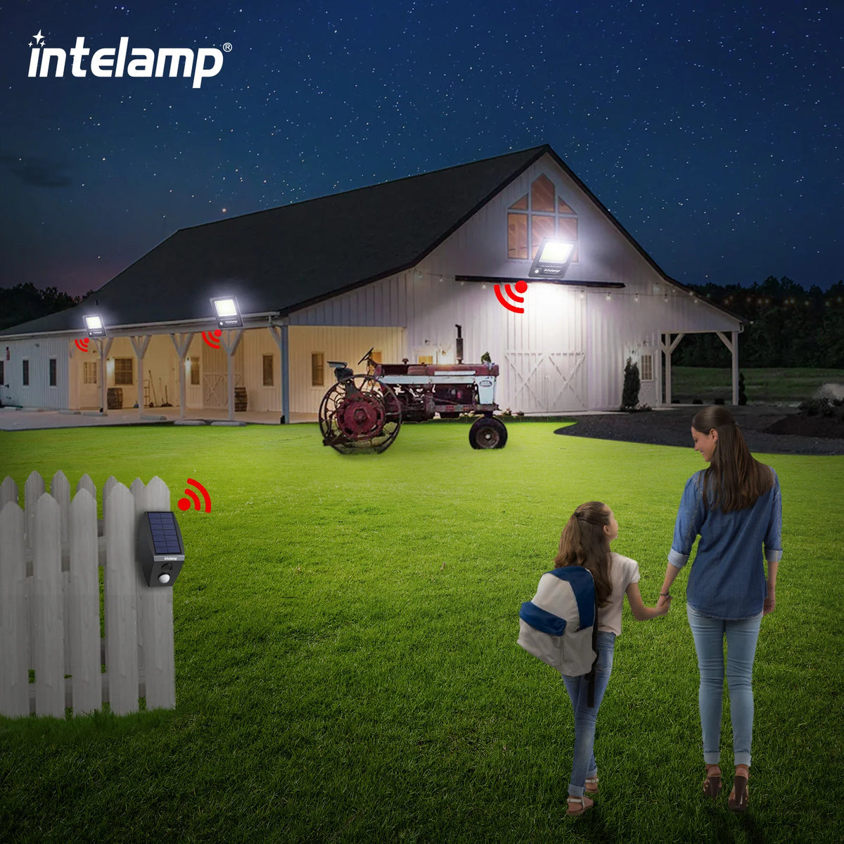 Intelamp Long Battery Life 20000mAh Solar Flood Lights Outdoor Super Larger Solar Panel 3 Motion Sensors For Garden Yard Garage