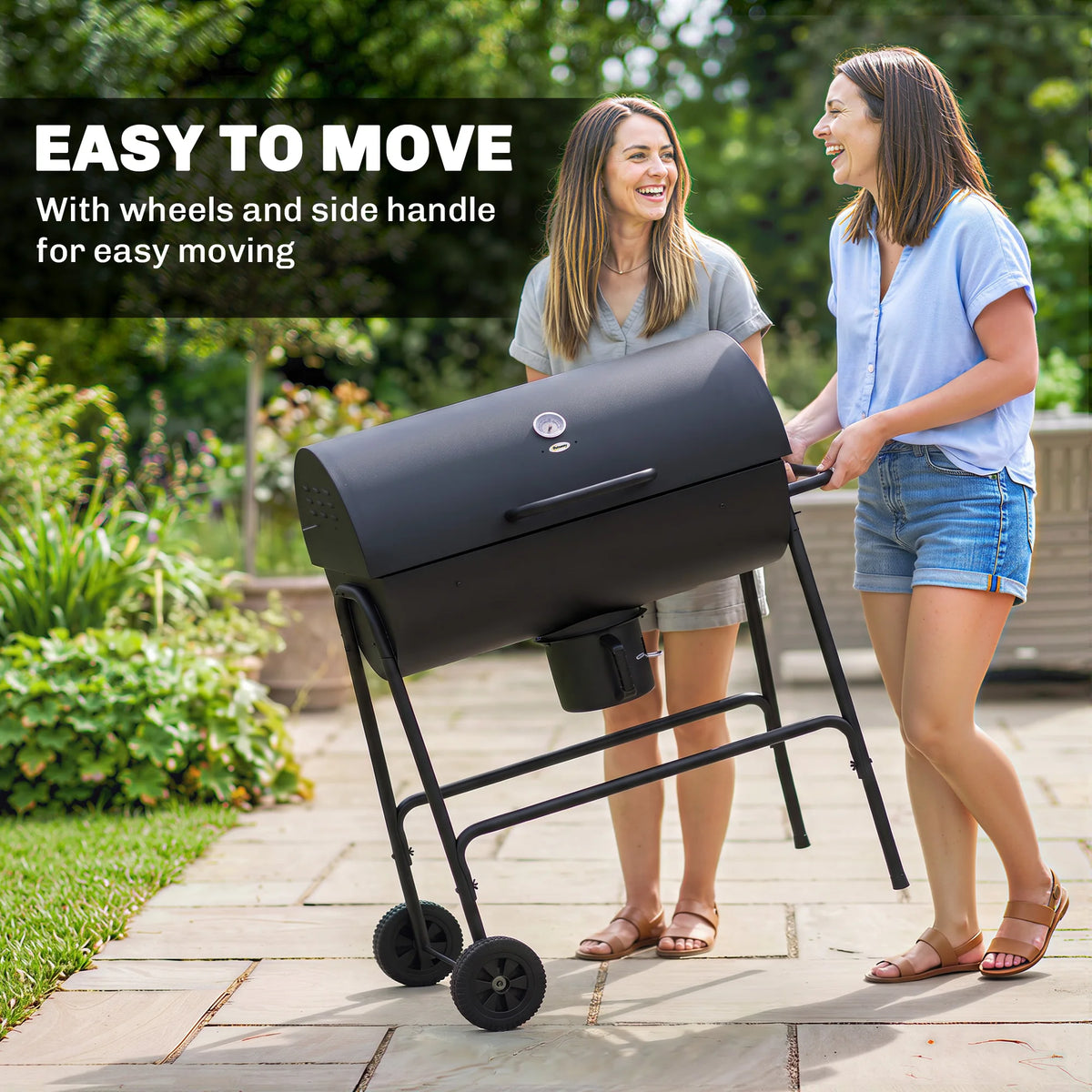 Barrel Charcoal BBQ Grill Trolley Wheeled Barbecue Smoker, Black