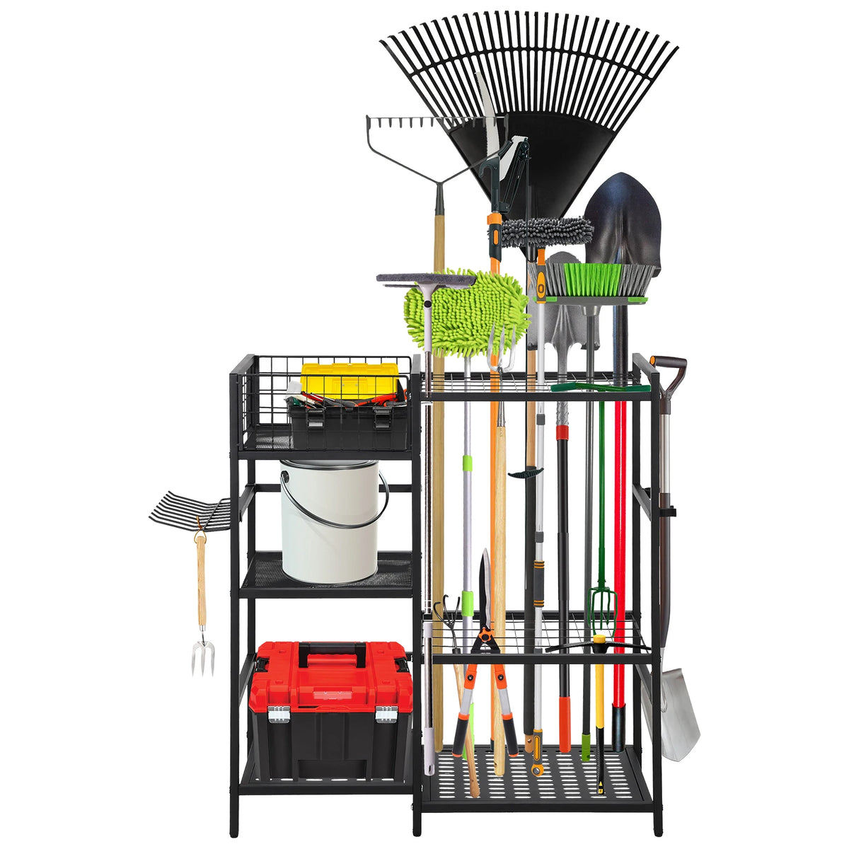 3-Tier Steel Garden Tool Organizer Rack Heavy-Duty Freestanding Garage/Storage Unit Storage Tower with Basket & Shelves 35 Long-Handle Slots Wear-Resistant Hooks