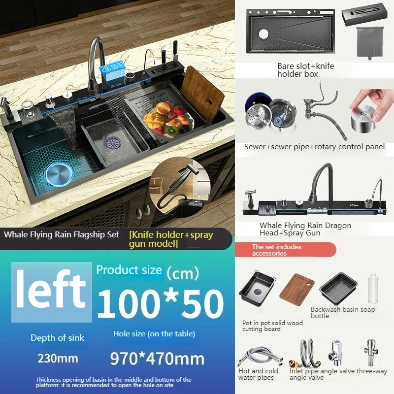 Various Waterfall Kitchen Sink Stainless Steel Multifunctional Large Single Slot Digital Display Sinks