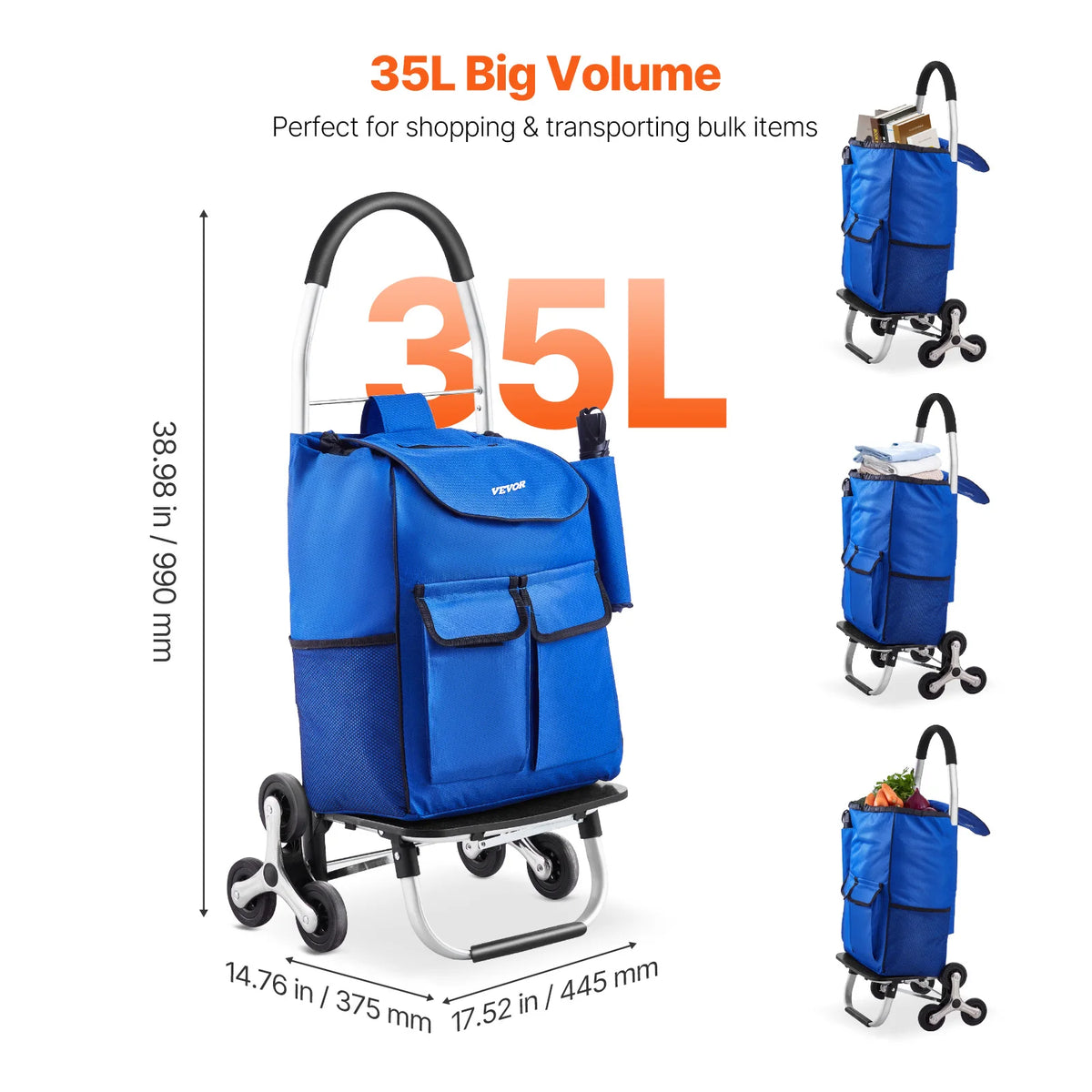 SucceBuy 36L Folding ShoppingCart Stair Climbing Handcart with 6Wheels & Oxford Cloth Bag Hand Truck for Grocery Laundry Storage