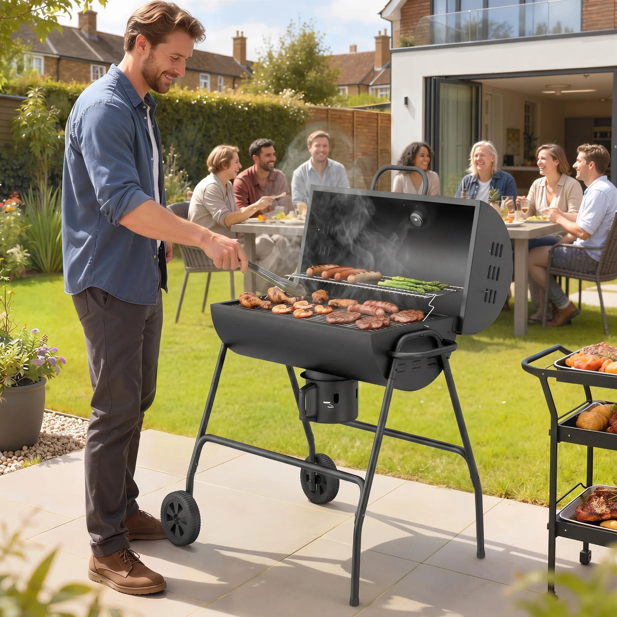 Barrel Charcoal BBQ Grill Trolley Wheeled Barbecue Smoker, Black