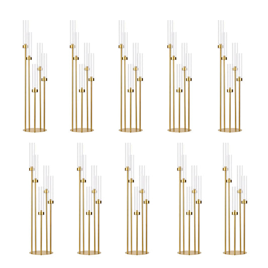 Gold Floor Candelabra 5 Arm Tall Candle Holder with Acrylic Lampshade for Wedding Table Birthday Party Decoration 10PCS