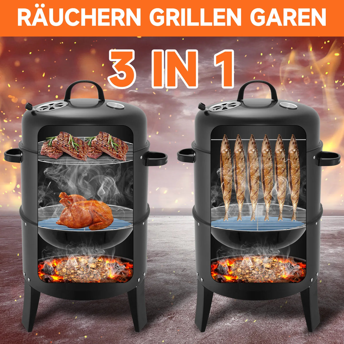 3 in 1 Smoked Grill Has Grilling Vertical Portable Smoker Grill Detachable 2 Layers for Camping Outdoor BBQ Cooking Black