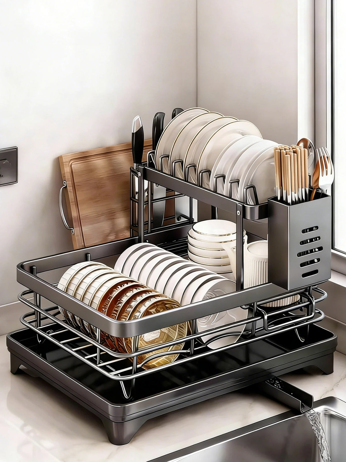 2-Tier Large Kitchen Countertop Drying Rack, Black | Removable Large Capacity Dish Drainer with Automatic Drainage, Rust-Resistant Rack, with Cup Holder and Utensil Holder