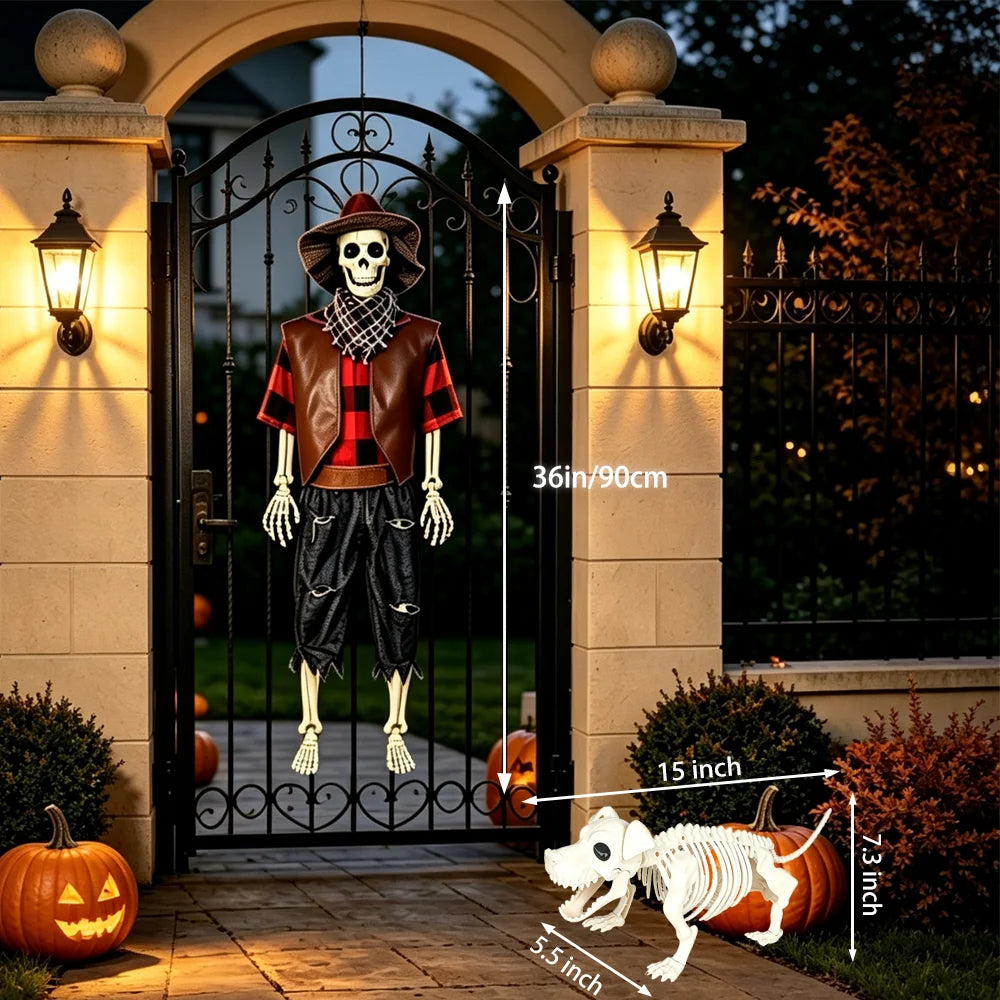 36" Halloween Skeleton Decorations, Posable Skeleton & Dog Outdoor Decor Creepy Halloween Western Cowboy Themed Set, Plastic Skeleton Featuring Movable Joints, Indoor Outdoor Yard & Party Decor