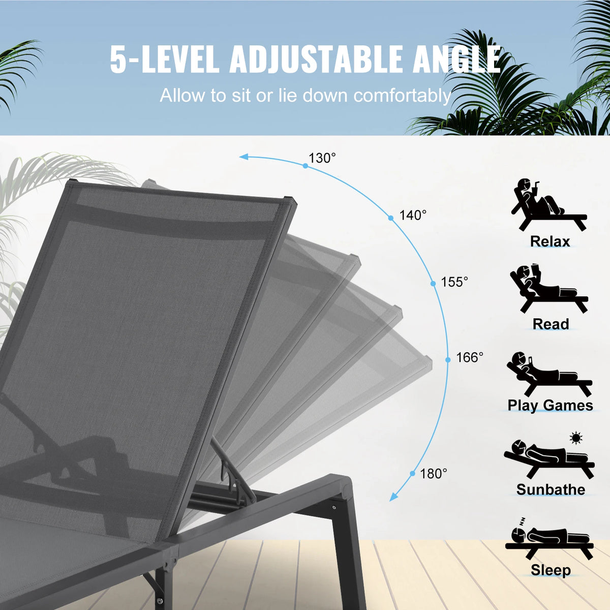 SucceBuy Chaise Lounge Chair Outdoor Aluminum Patio LoungeFolding Pool Lounge Recliner Full Flat for Patio Beach Pool Dark Grey