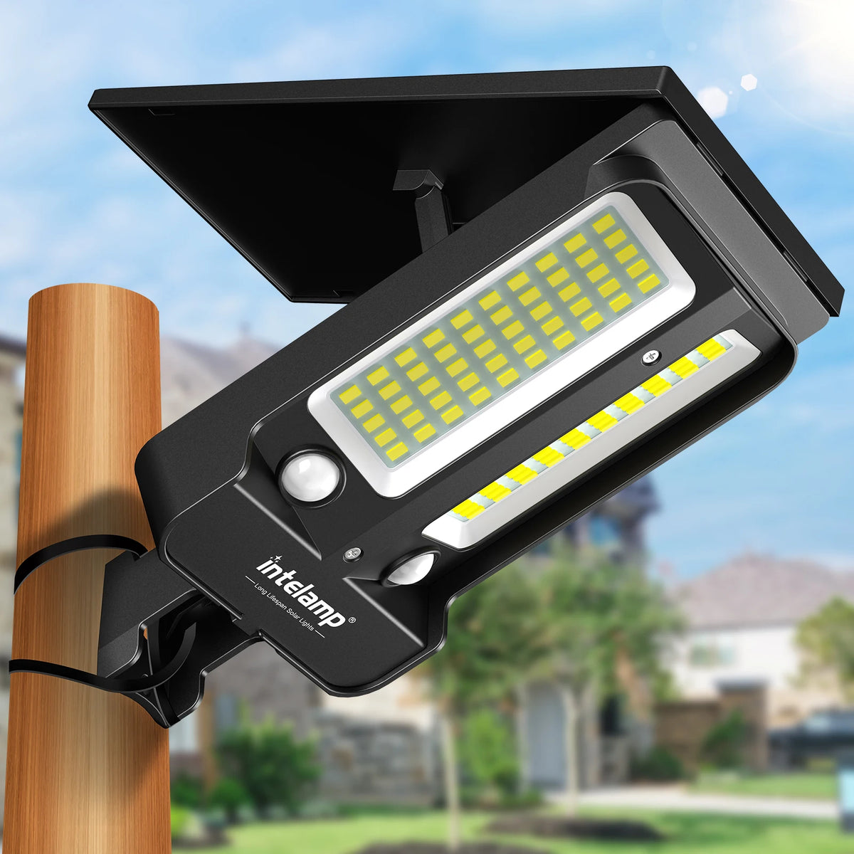 Intelamp Long Battery Life 4000mAh Outdoor Solar Street Lights Flood Light 240° Wide Lighting Two Motion Sensors Detect 180°