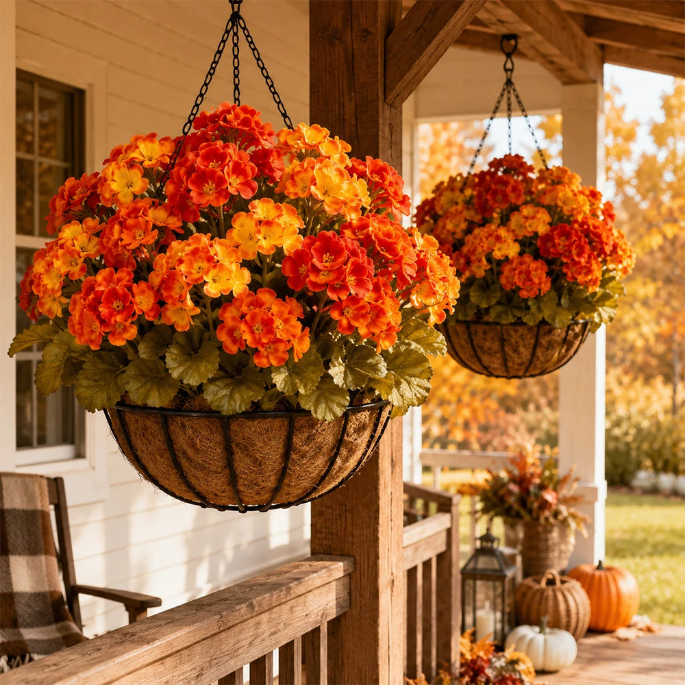 6pcs Artificial Fall Geranium Flowers Yellow Orange Faux Silk Begonia Fake Flower for Autumn Outdoor Home Garden Patio Porch Decor, Thanksging Decorations