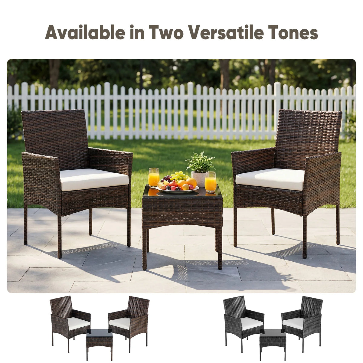 JHK Large Size 3 Pieces Outdoor Patio Furniture Set All-Weather Wicker Bistro Set with Removable Cushions and Glass Table Garden