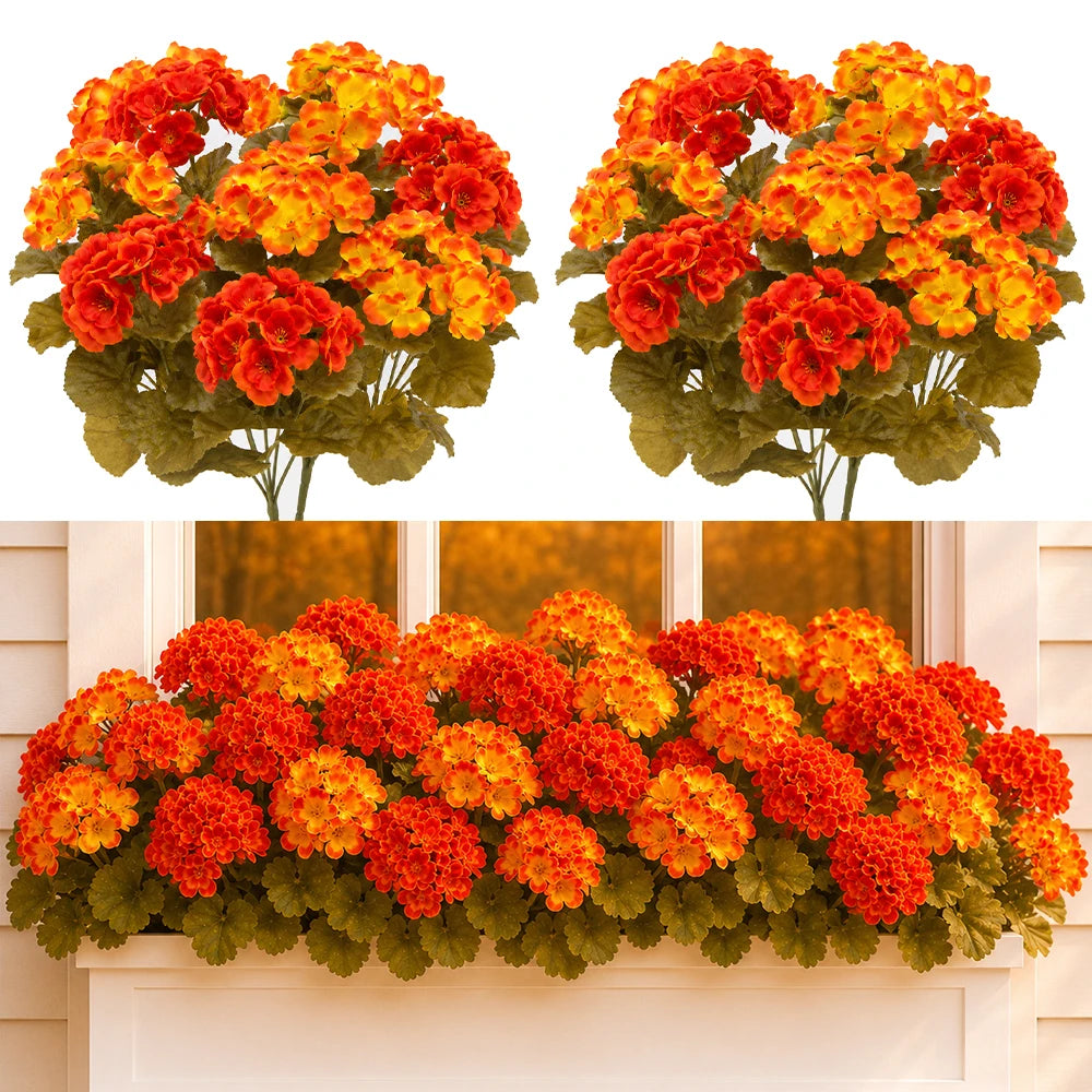 6pcs Artificial Fall Geranium Flowers Yellow Orange Faux Silk Begonia Fake Flower for Autumn Outdoor Home Garden Patio Porch Decor, Thanksging Decorations