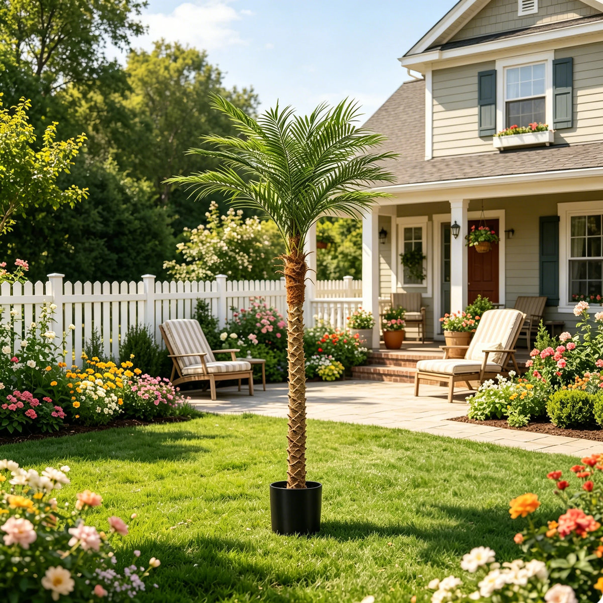4/5/6/7/8/9FT Faux Palm Tree, Artificial Golden Cane Palm Tree Outdoor Indoor, Fake Tree for Home House Office Living Room Yard Patio