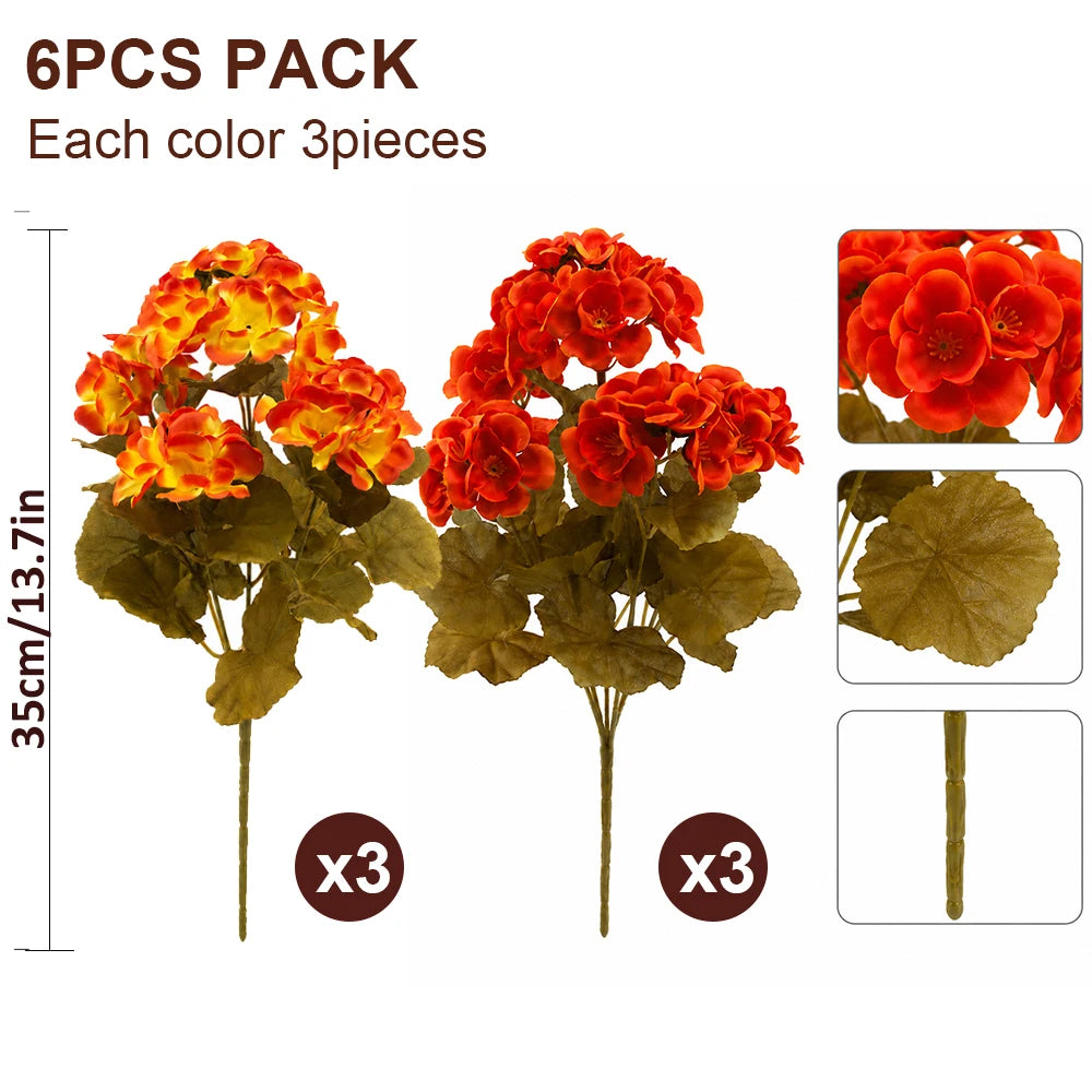 6pcs Artificial Fall Geranium Flowers Yellow Orange Faux Silk Begonia Fake Flower for Autumn Outdoor Home Garden Patio Porch Decor, Thanksging Decorations