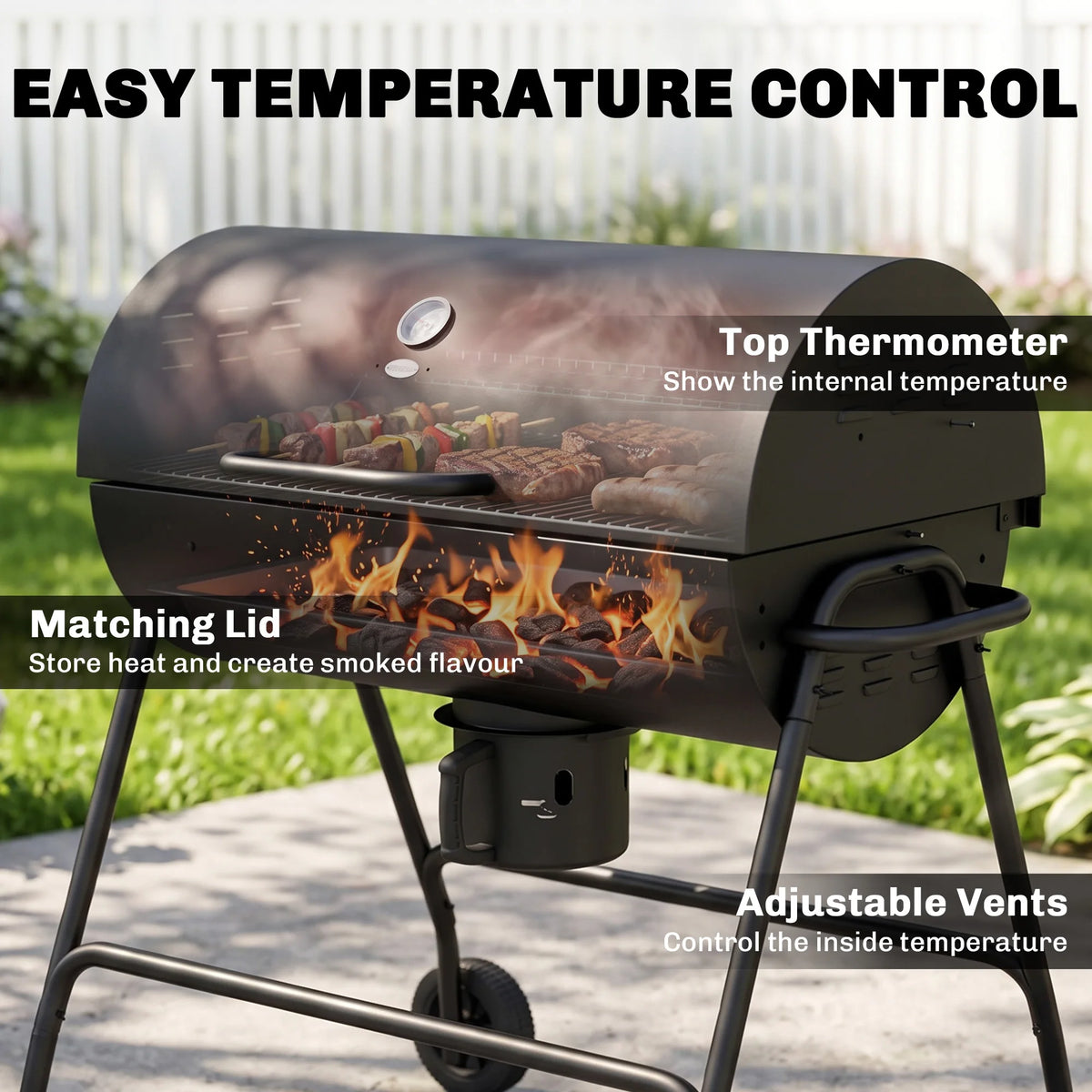 Barrel Charcoal BBQ Grill Trolley Wheeled Barbecue Smoker, Black