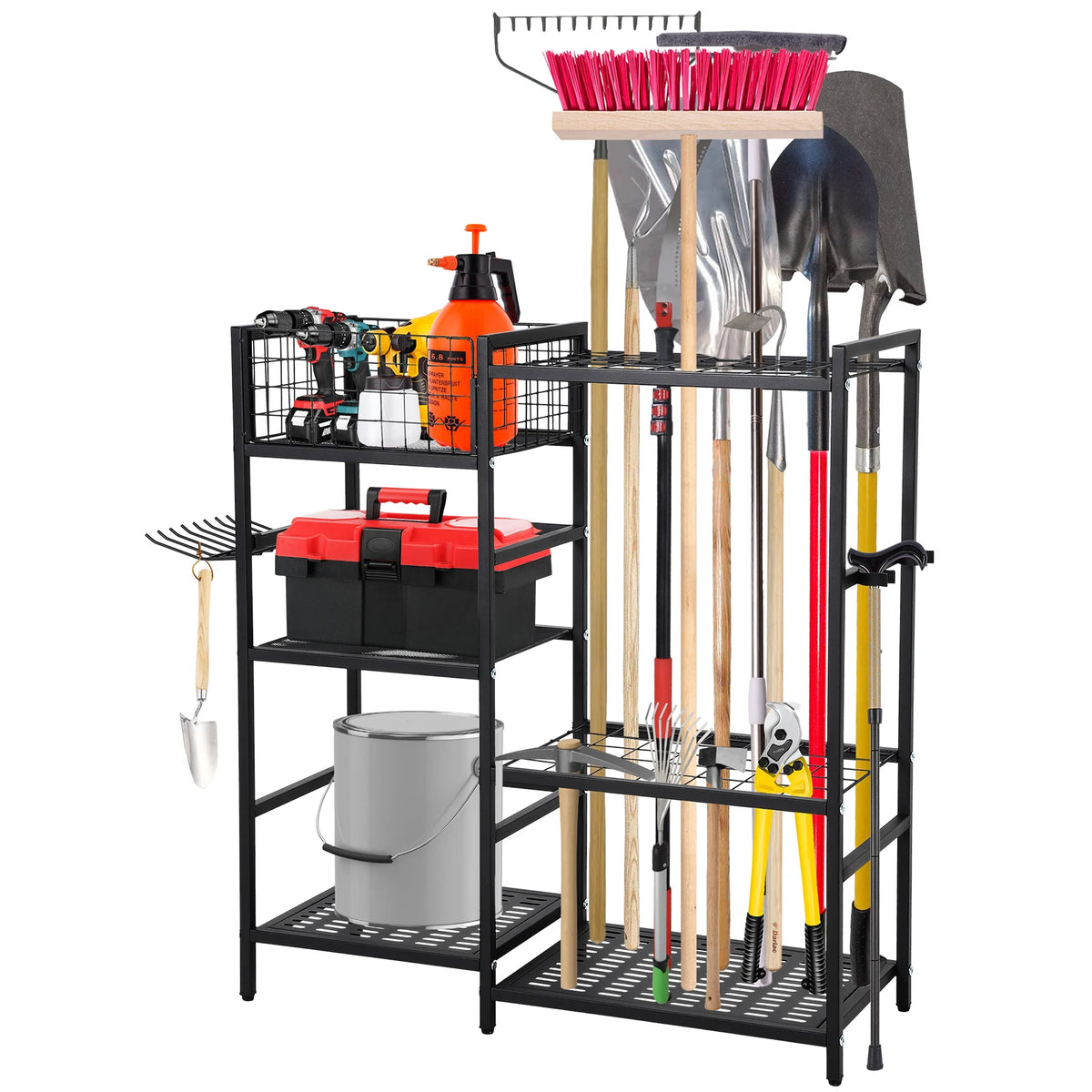3-Tier Steel Garden Tool Organizer Rack Heavy-Duty Freestanding Garage/Storage Unit Storage Tower with Basket & Shelves 35 Long-Handle Slots Wear-Resistant Hooks