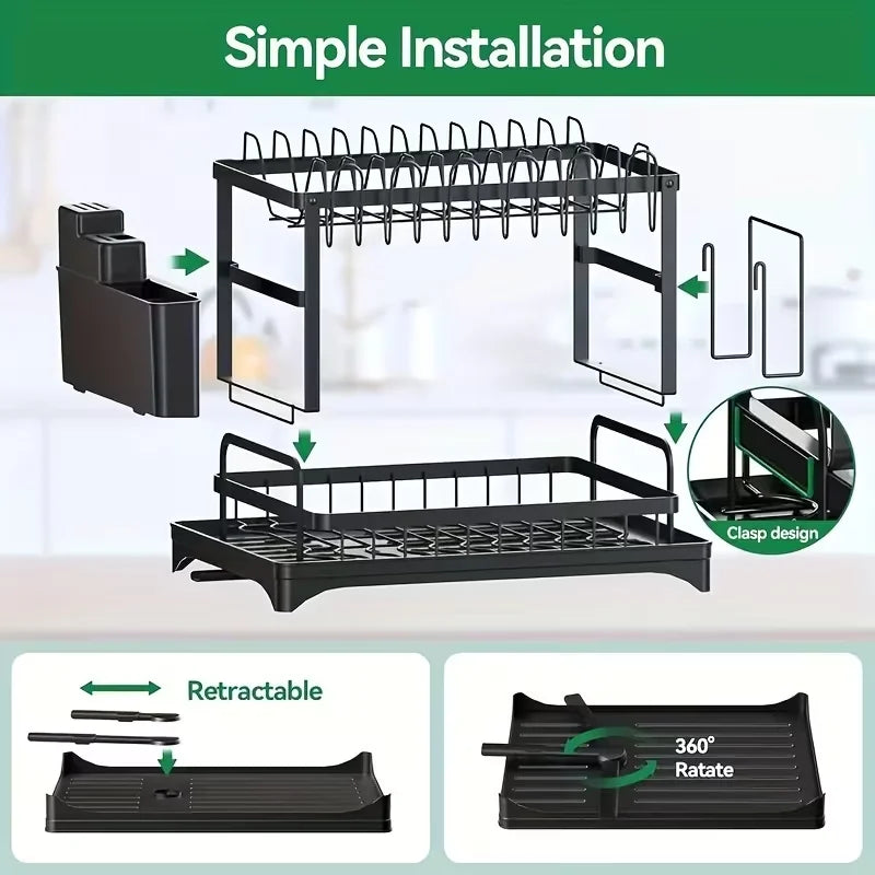 2-Tier Large Kitchen Countertop Drying Rack, Black | Removable Large Capacity Dish Drainer with Automatic Drainage, Rust-Resistant Rack, with Cup Holder and Utensil Holder